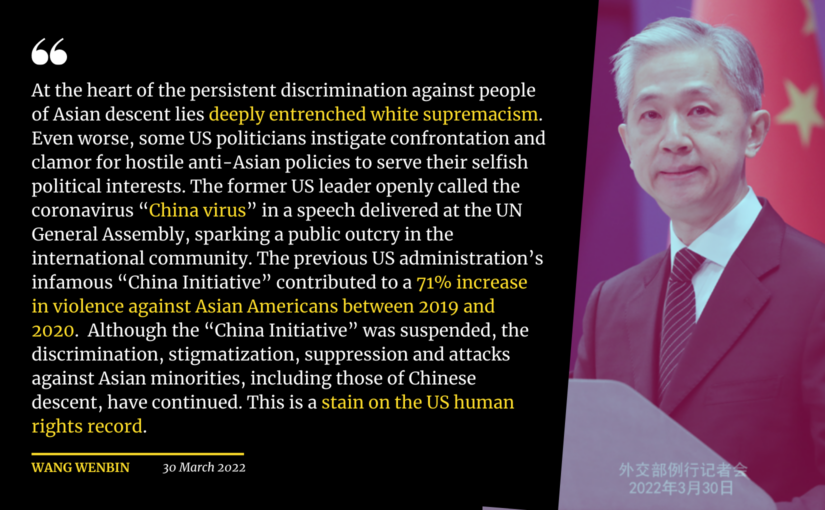Wang Wenbin: deeply-entrenched white supremacism at the heart of US anti-Asian racism