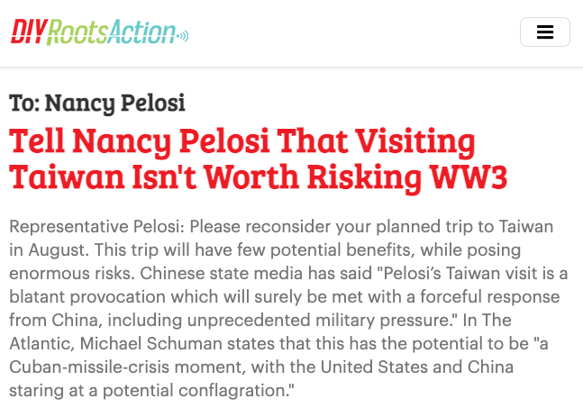 Petition: Tell Nancy Pelosi that visiting Taiwan isn’t worth risking WW3